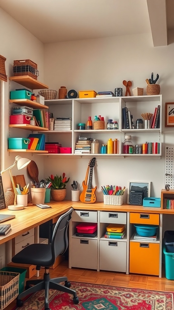 A well-organized corner shelf filled with craft supplies, colorful bins, and a workspace.