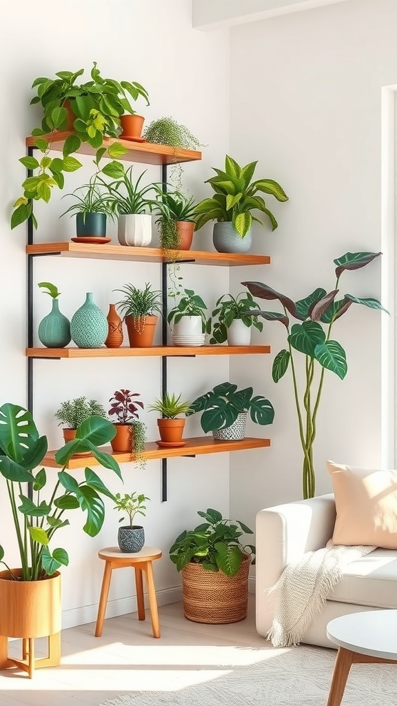 A corner shelf filled with various plants and decorative pots in a bright room.