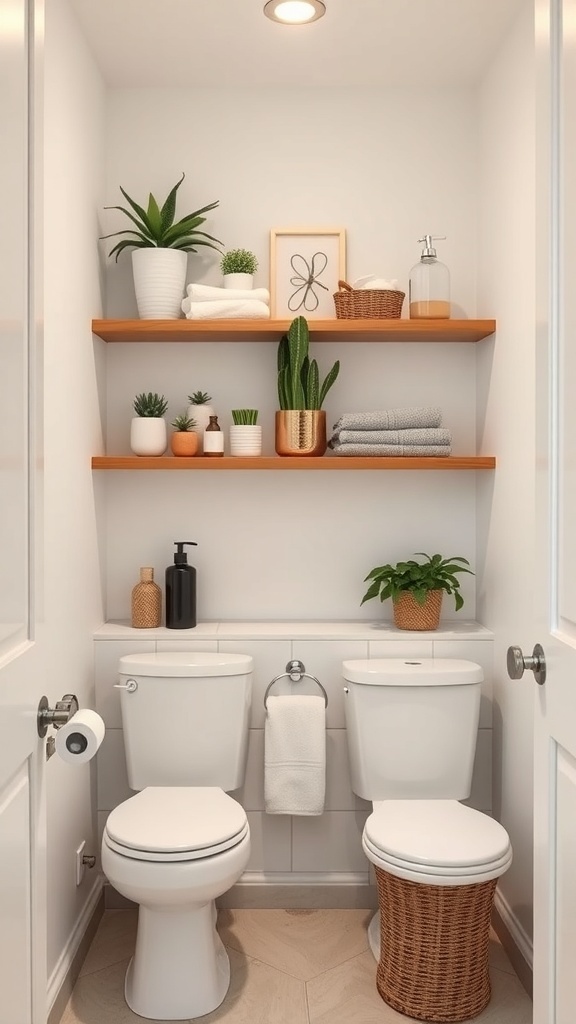 A small bathroom featuring corner shelves with plants, towels, and toiletries.