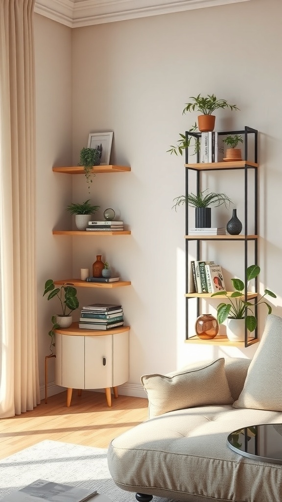 A cozy corner featuring stylish corner shelves with plants and decorative items.