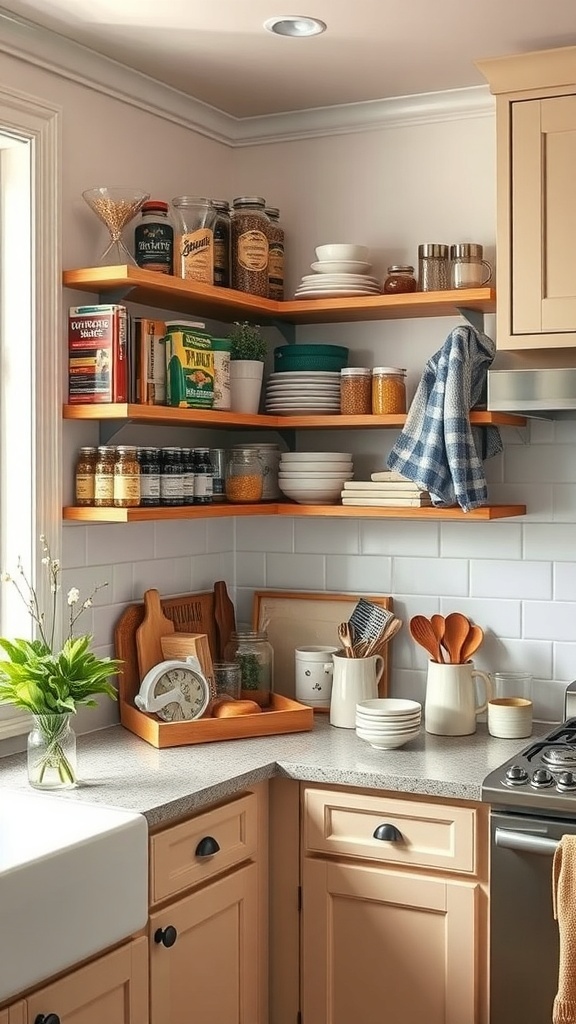 A cozy kitchen corner with wooden shelves holding jars, plates, and a plant.