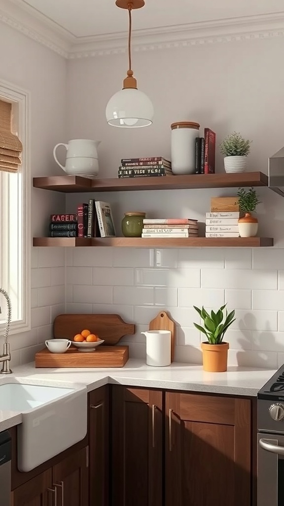 A cozy kitchen corner with wooden shelves displaying books, plants, and kitchenware.