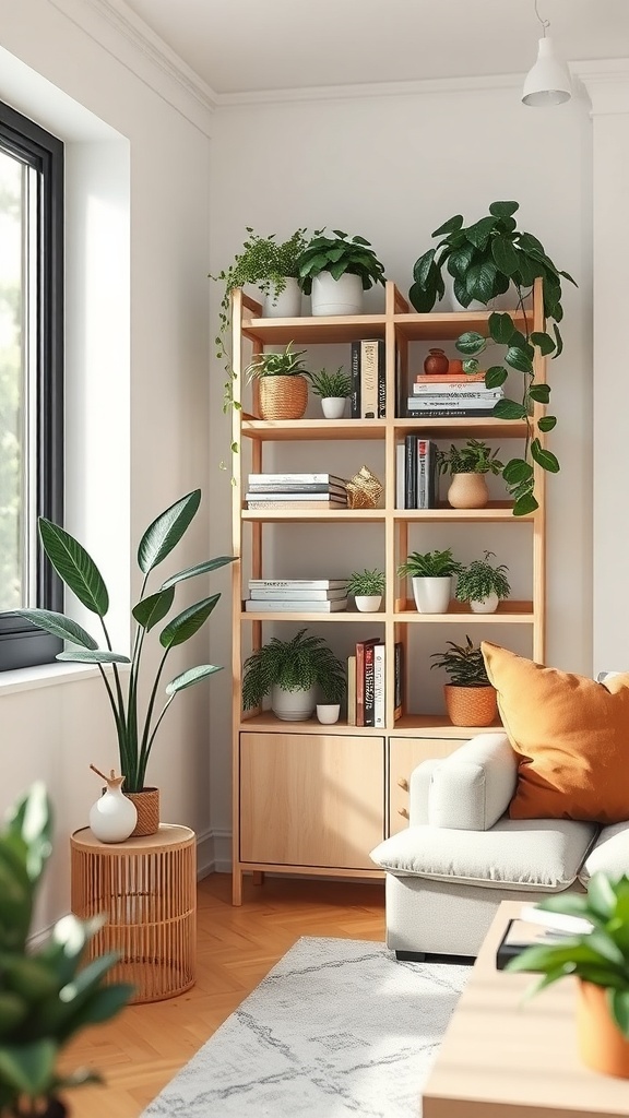 Wooden corner shelves filled with plants and books creating a cozy living space