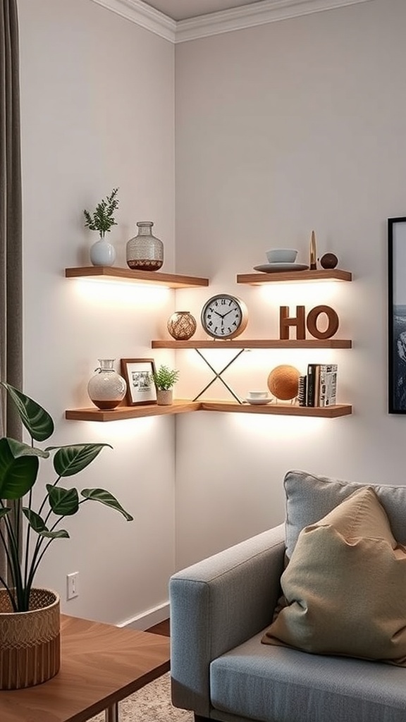 Stylish corner shelves with integrated lighting displaying decorative items and a clock.