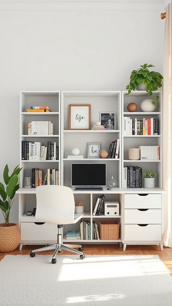 A modern corner shelving unit in a home office with books, a computer, and decorative items.