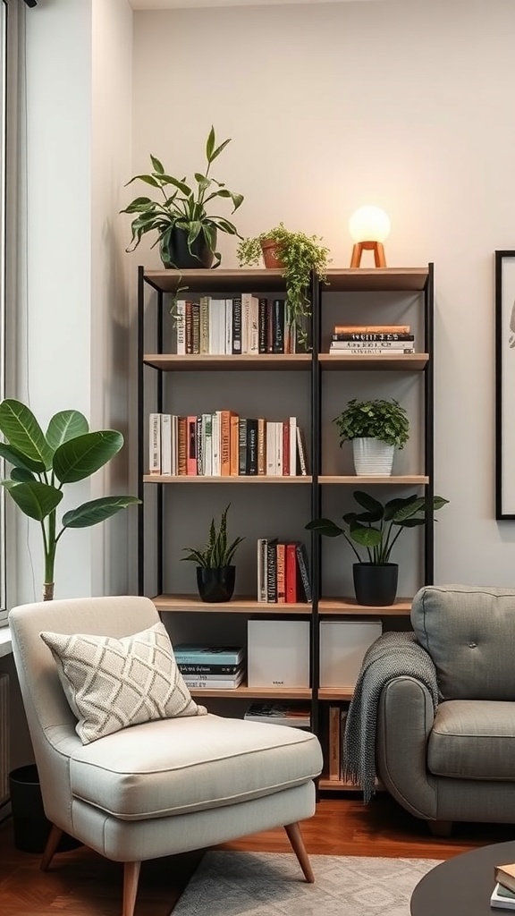 A stylish corner shelving unit with books and plants in a cozy living room setting.