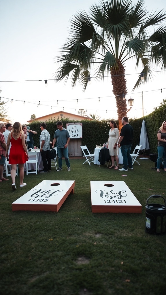 Backyard wedding with guests playing cornhole toss competition, featuring two cornhole boards and a palm tree in the background.