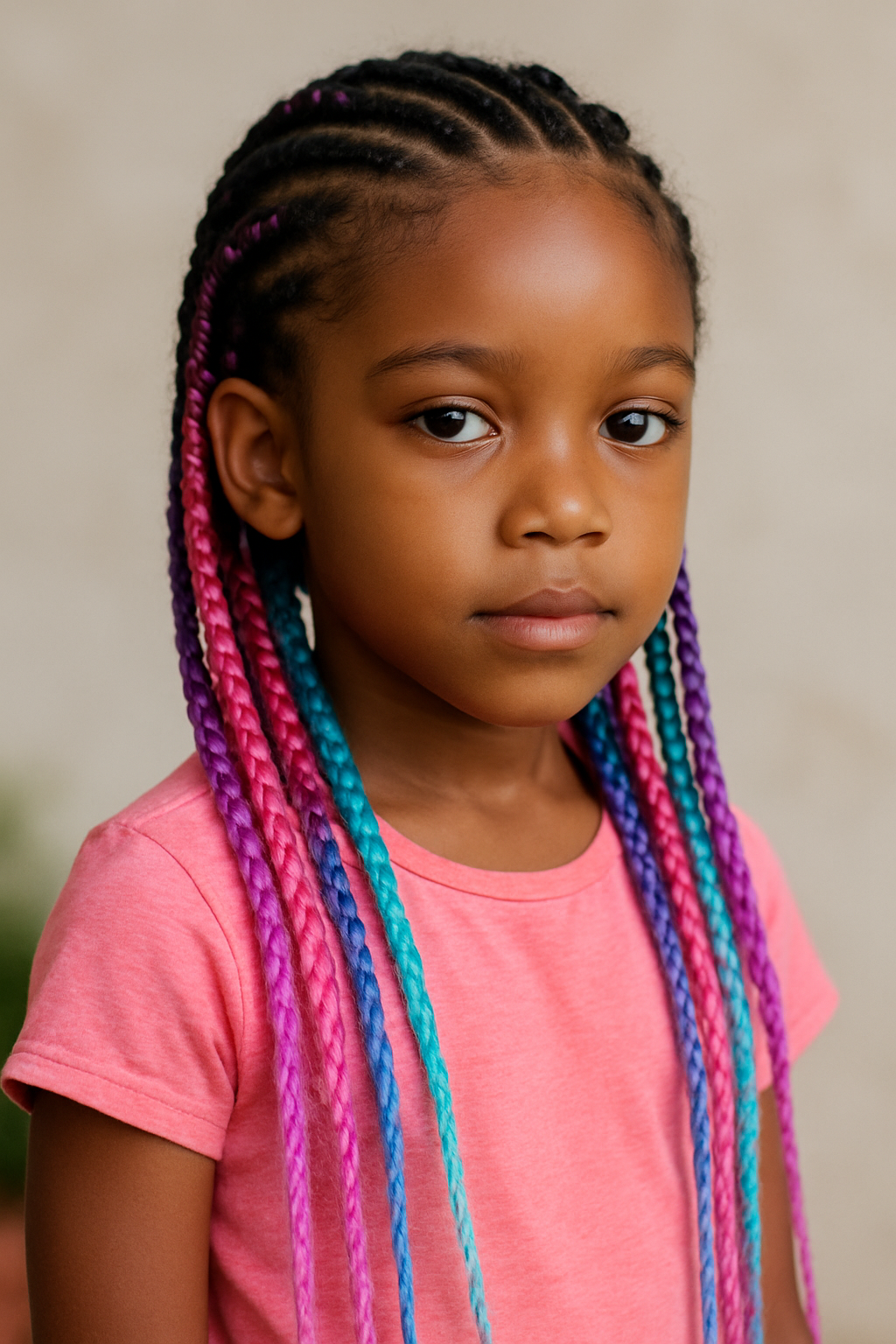 A young girl with cornrow braids featuring colorful extensions in shades of pink, blue, and purple.