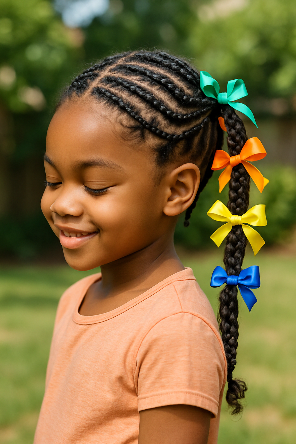 A young girl with cornrow ponytails adorned with colorful ribbons, smiling in a sunny outdoor setting.