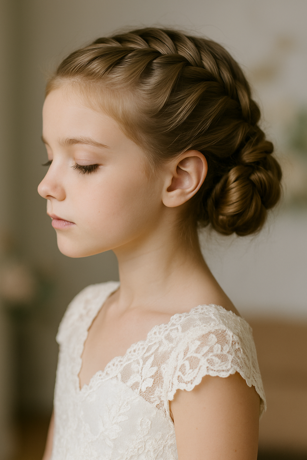 A young girl with a cornrow updo hairstyle, wearing a lace dress.