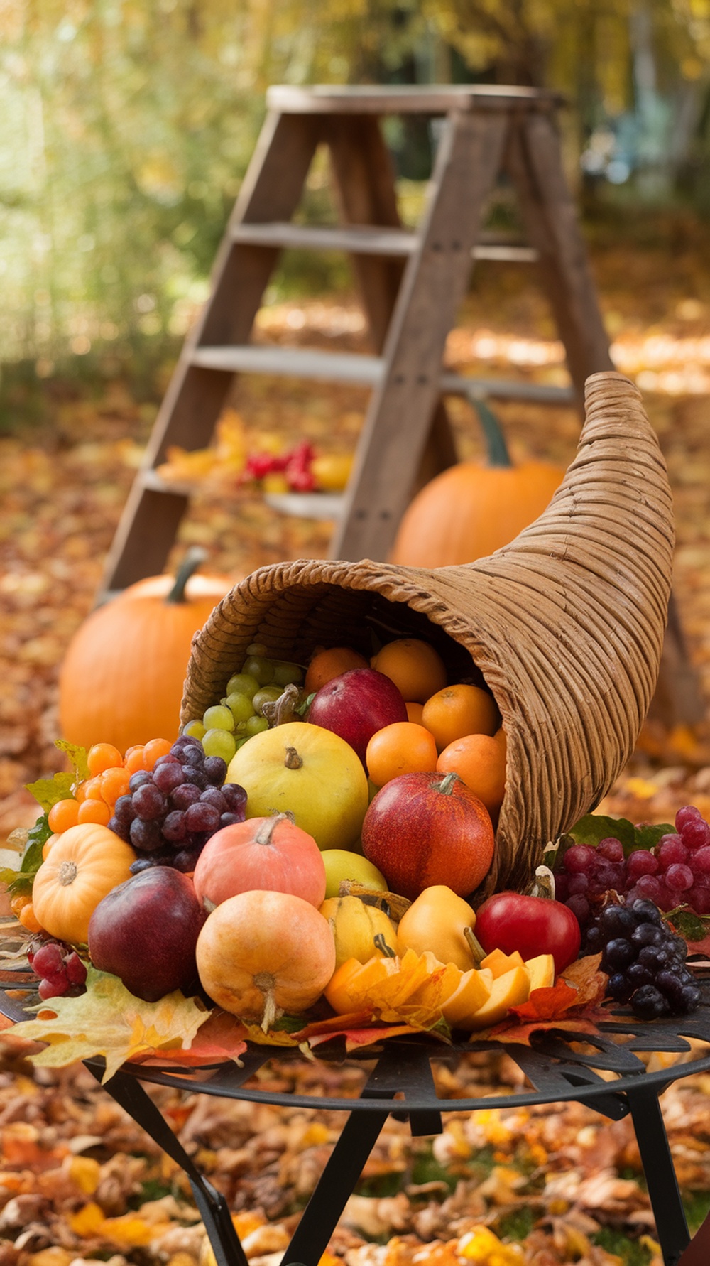 A cornucopia filled with colorful fruits and pumpkins on an outdoor table surrounded by autumn leaves.