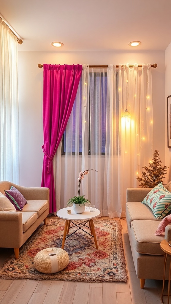 Sala decorada con cortinas brillantes y festivas en tonos fucsias, con luces decorativas y un ambiente acogedor.