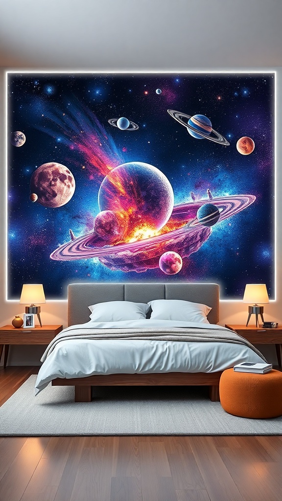 A vibrant LED wall art mural depicting a cosmic scene with planets and galaxies.