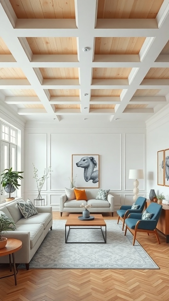 A beautifully designed living room featuring a modern coffered ceiling, highlighting the transformation from a popcorn ceiling.