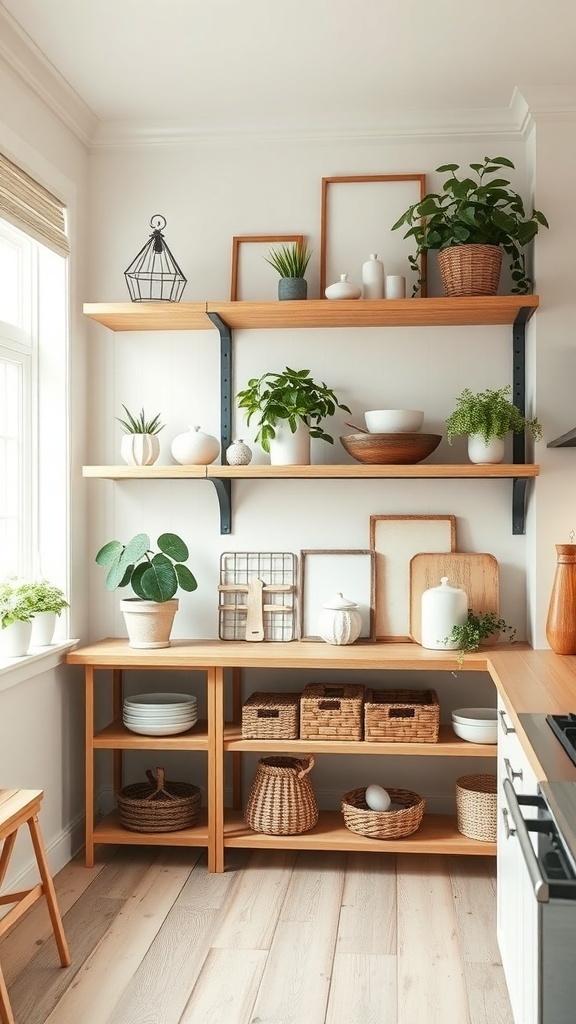 Cottage-style kitchen shelving with plants, decorative items, and woven baskets