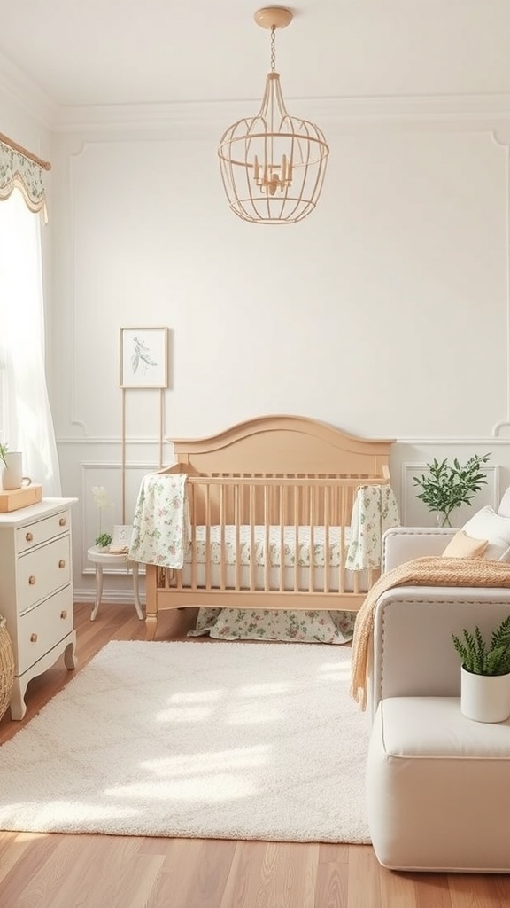 Cozy nursery with a light wood crib, floral bedding, and plants, showcasing a cottage chic style.