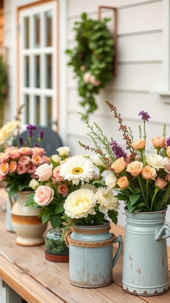 A charming display of cottage garden style floral arrangements in various vases on a rustic wooden table.