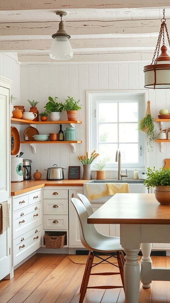 A cozy cottage kitchen with wooden countertops, white cabinetry, and plants on shelves.