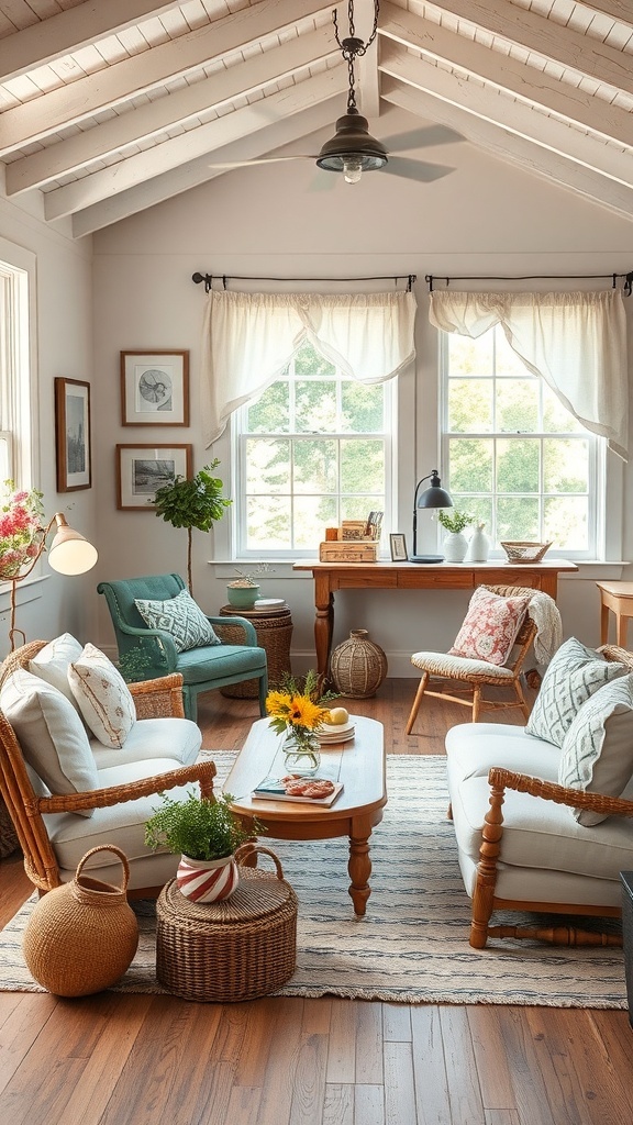 A cozy cottage living room with comfortable seating, wooden beams, and natural light.