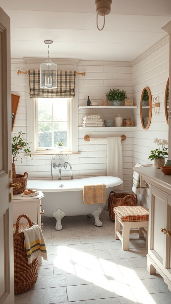 Cozy cottage style bathroom with a freestanding bathtub, natural light, and rustic decor.
