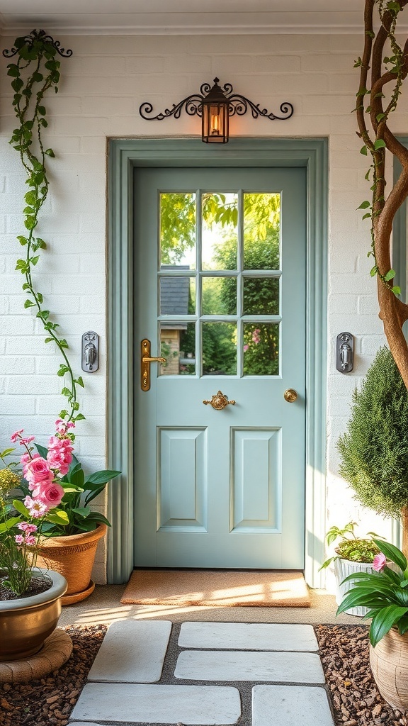 A charming cottage-style door with a blue finish, surrounded by flowers and greenery, leading to a cozy entrance.
