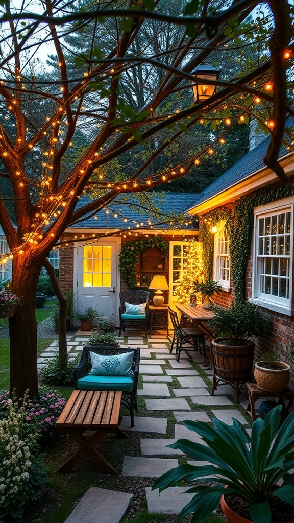 A cozy outdoor patio with fairy lights hanging from a tree, creating a warm and inviting atmosphere.