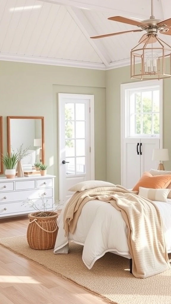 A vintage farmhouse bedroom featuring soft green walls, a white bed with beige and orange accents, and natural light streaming through the windows.
