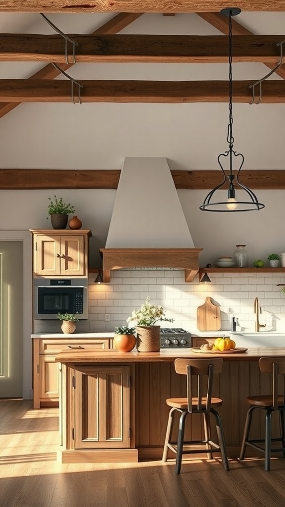 Rustic farmhouse kitchen with wooden beams and country-style lighting fixtures