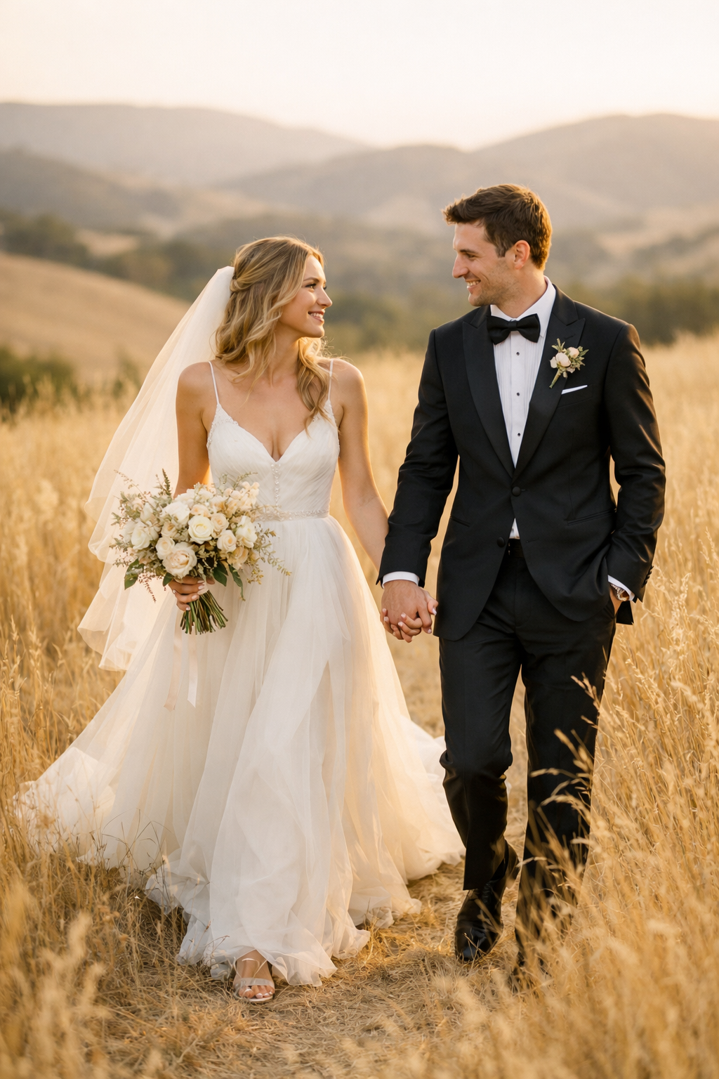 A couple walking hand in hand in a countryside field during sunset, showcasing the joy of summer engagement photos.