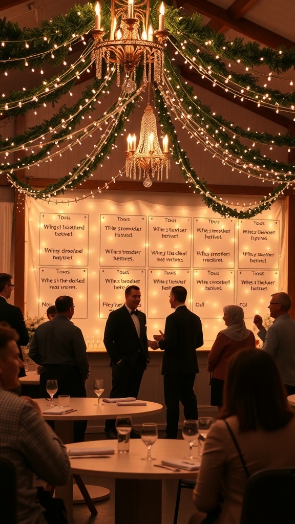 Wedding reception games with guests participating in Couple's Favorites Trivia, featuring a decorated background.