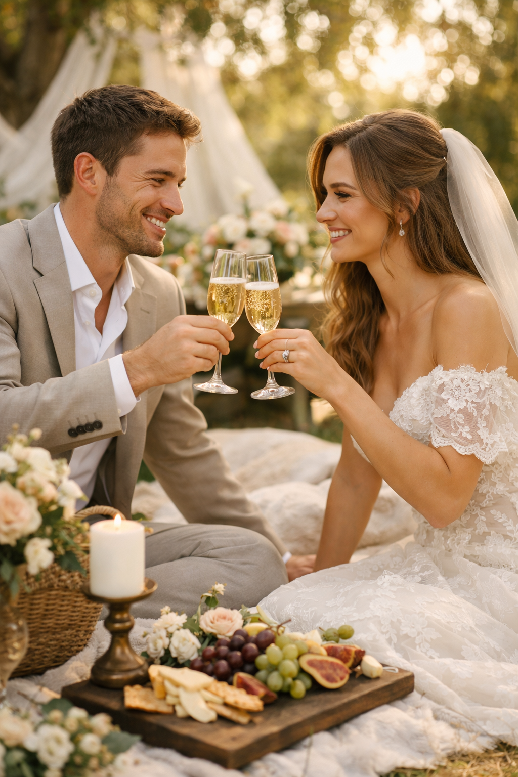 Couple toasting with sparkling juice during a picnic engagement shoot.