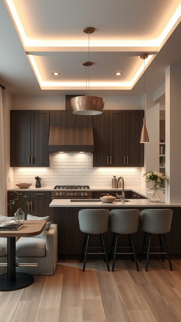 Modern kitchen with cove lighting and pendant lights