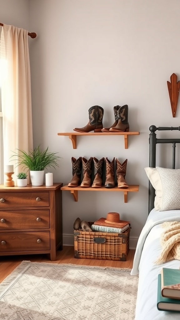 A cozy country teen bedroom featuring a display of cowboy boots on wooden shelves, a nightstand with a plant, and a rustic vibe.