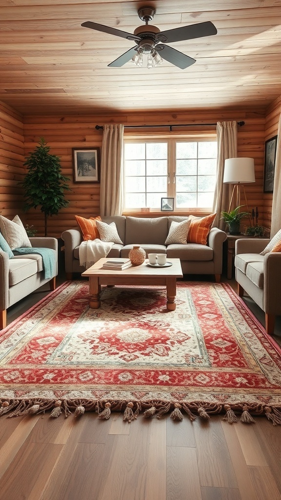 Cozy cabin living room with a decorative area rug