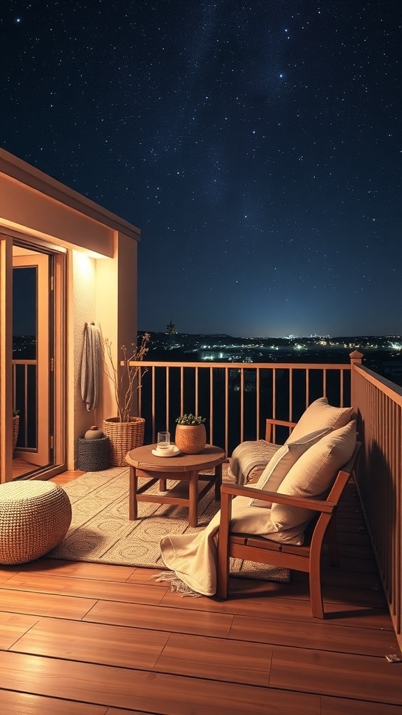 A cozy balcony with comfortable seating and a view of a starry night sky.