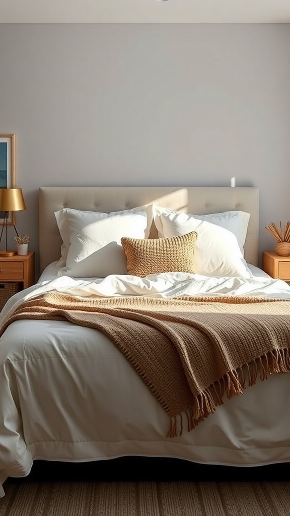 A cozy bed with fluffy pillows and a warm throw blanket in a dorm room setting.