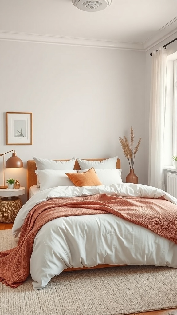 A cozy guest bedroom with a neatly made bed featuring white bedding and a coral throw blanket, complemented by decorative pillows and a bedside lamp.
