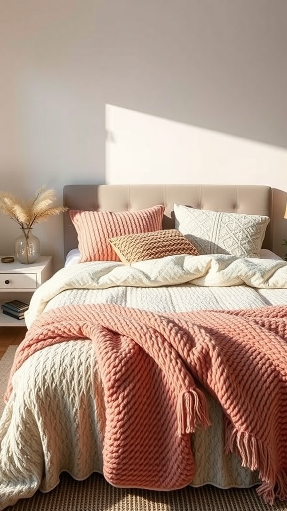 A cozy winter bedroom with a pink blanket and textured pillows on a neatly made bed.