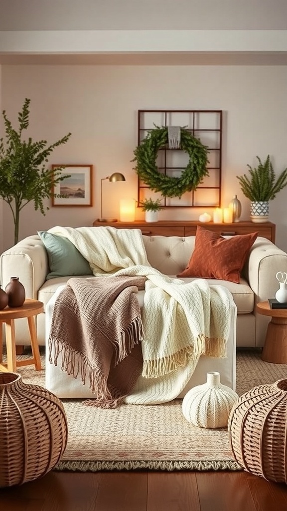 Cozy living room with blankets on a couch, plants, and warm lighting