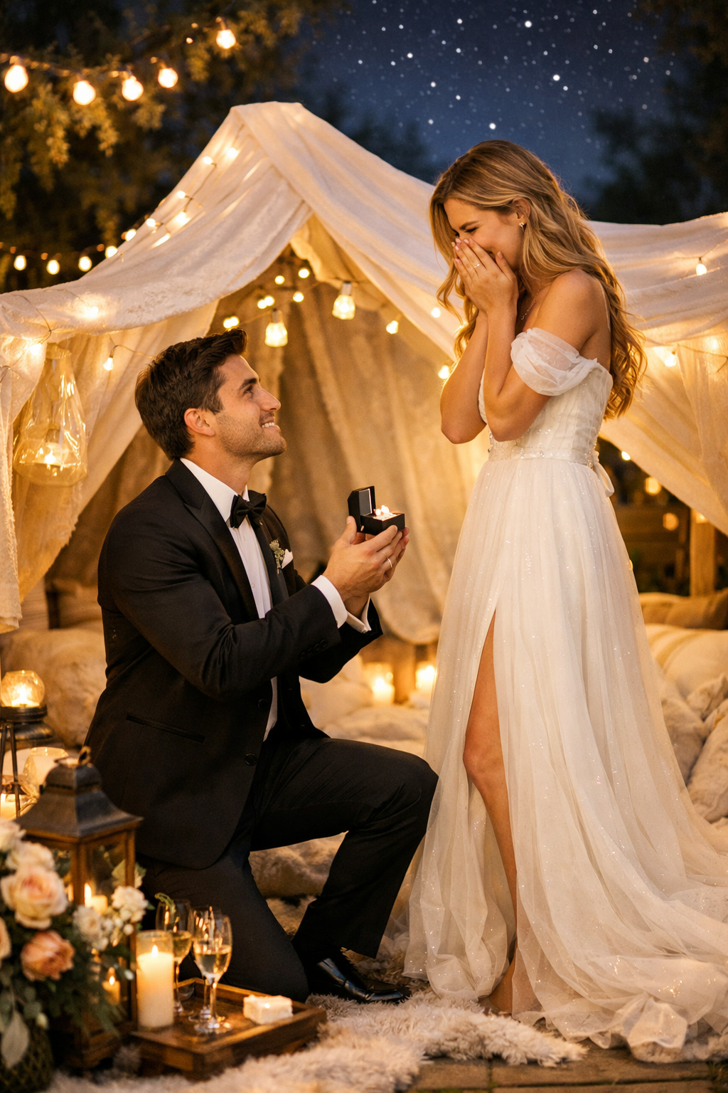 A romantic proposal in a cozy blanket fort under a starry sky, featuring fairy lights and a beautifully set ambiance.
