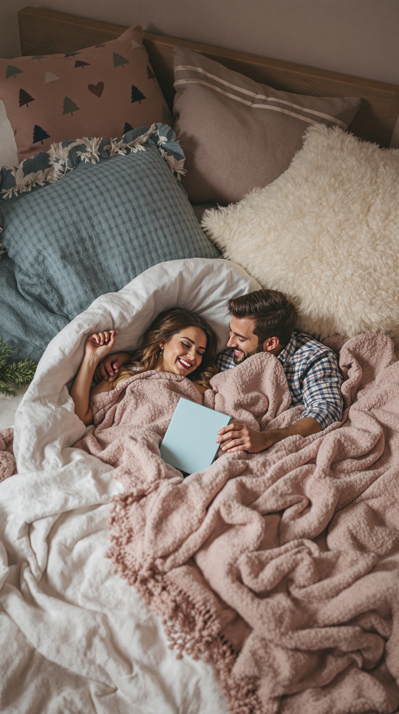 Two women enjoying a cozy gender reveal party with blankets and treats.
