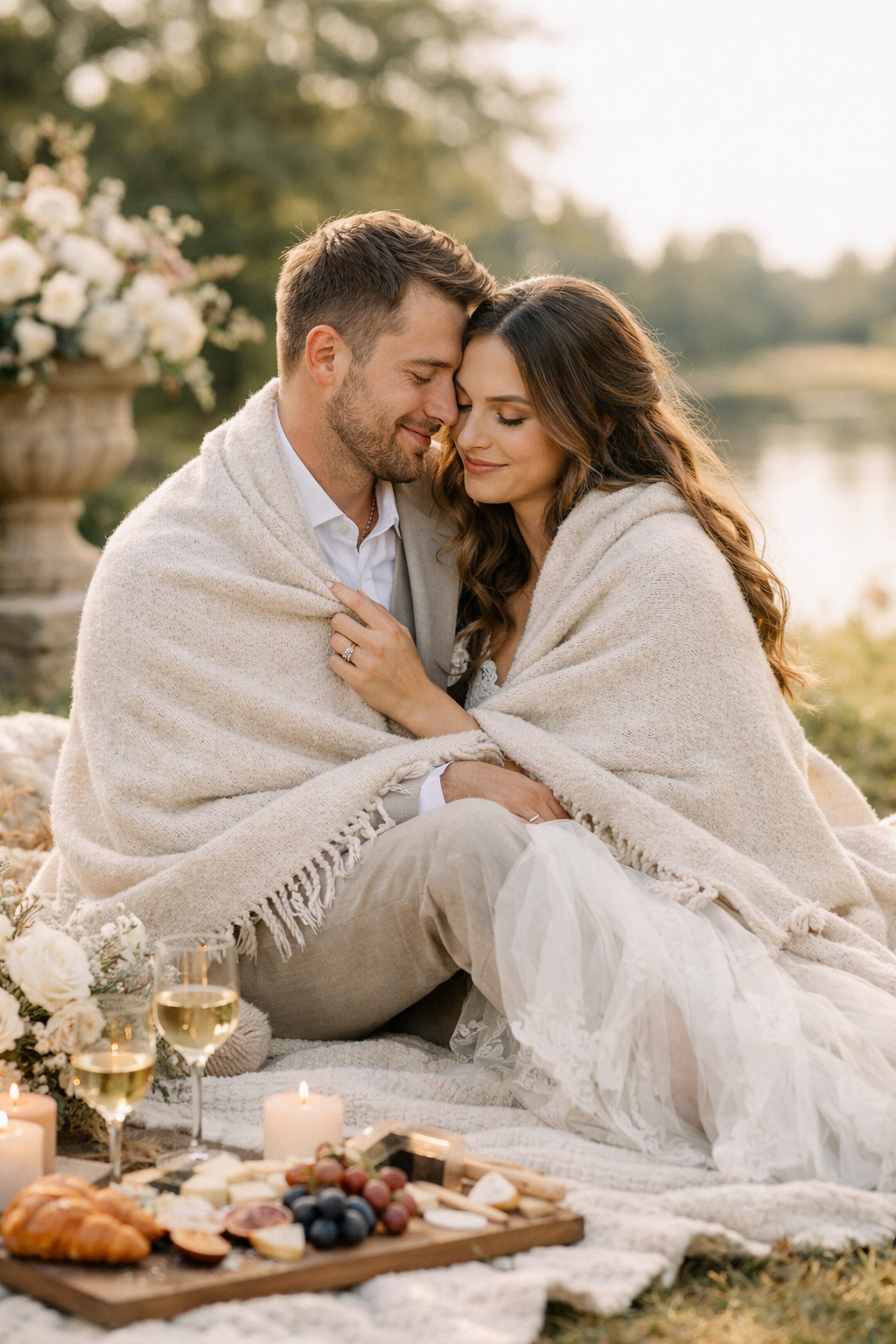A couple snuggled under a soft blanket near a serene landscape, surrounded by a picnic setup.