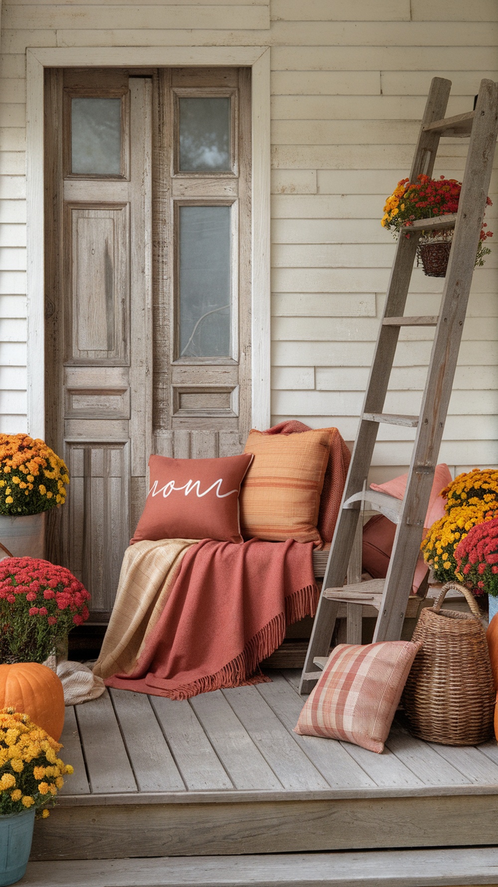 A cozy porch decorated with blankets and pillows, surrounded by flowers and pumpkins.