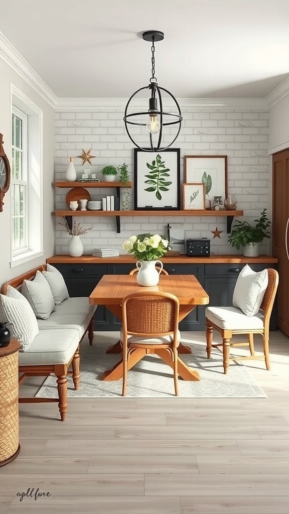 A cozy breakfast nook with a wooden table, cushioned bench, and decorative wall shelves.