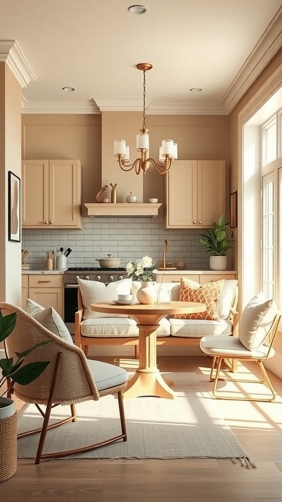 A cozy breakfast nook with a round wooden table, comfortable seating, and warm neutral tones.