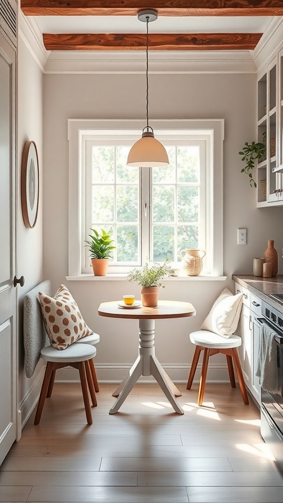 A cozy breakfast nook featuring a small table, two chairs, and plants by the window.