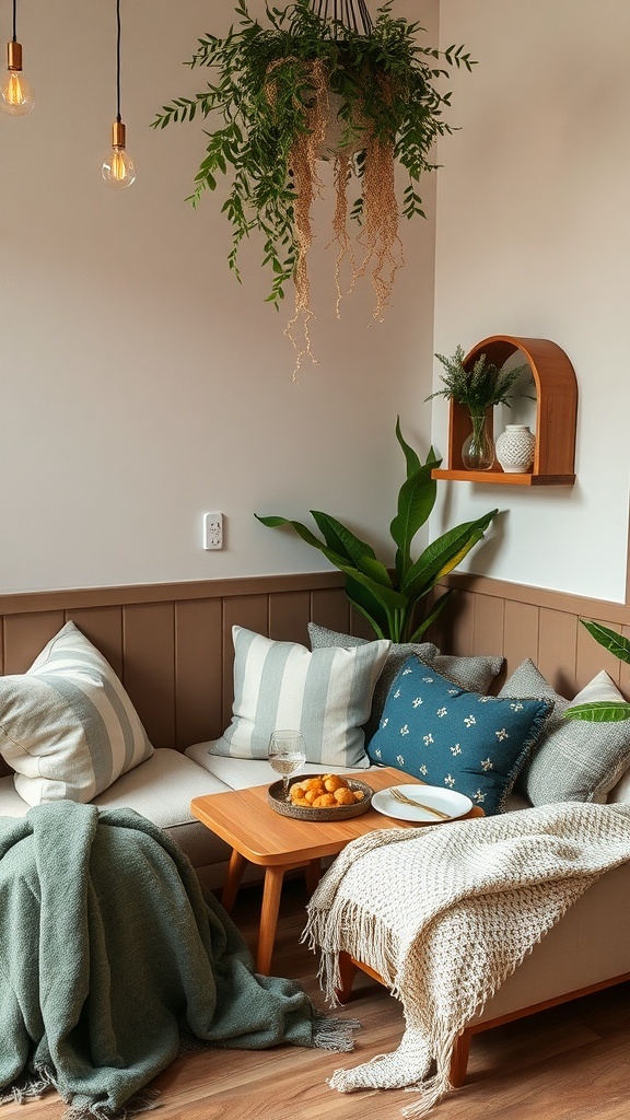 A cozy brunch nook with a couch, decorative pillows, and a coffee table with pastries.