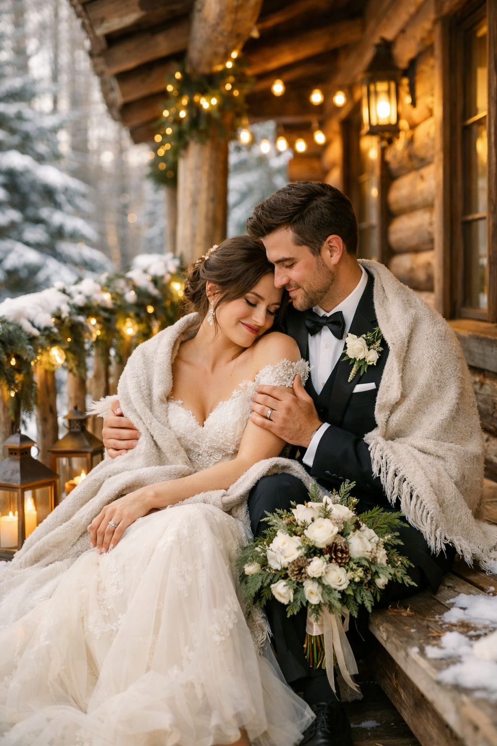 A couple embracing under a blanket in a cozy, snowy cabin setting, surrounded by twinkling lights and festive decorations.