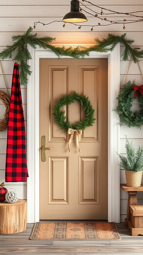A cozy cabin-themed door decorated for Christmas with a wreath, garland, and plaid accents.