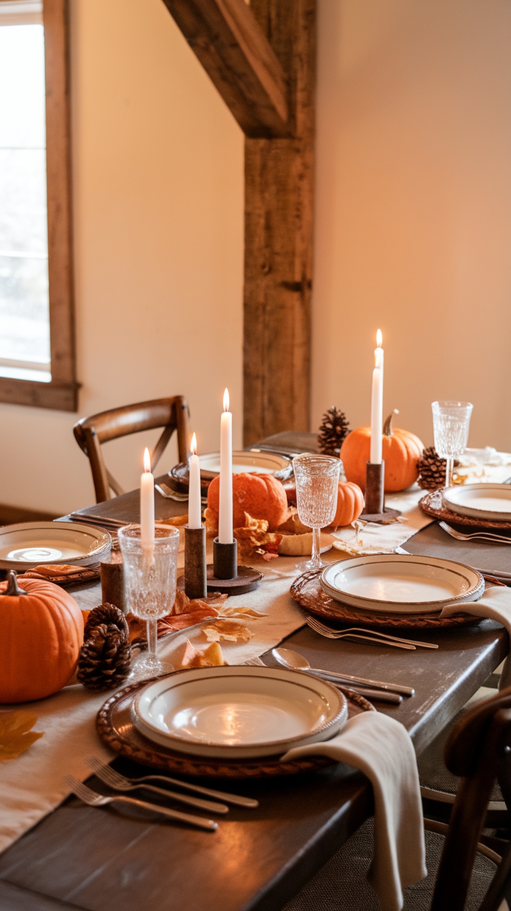 A rustic Thanksgiving table setting with candles, pumpkins, and pinecones.